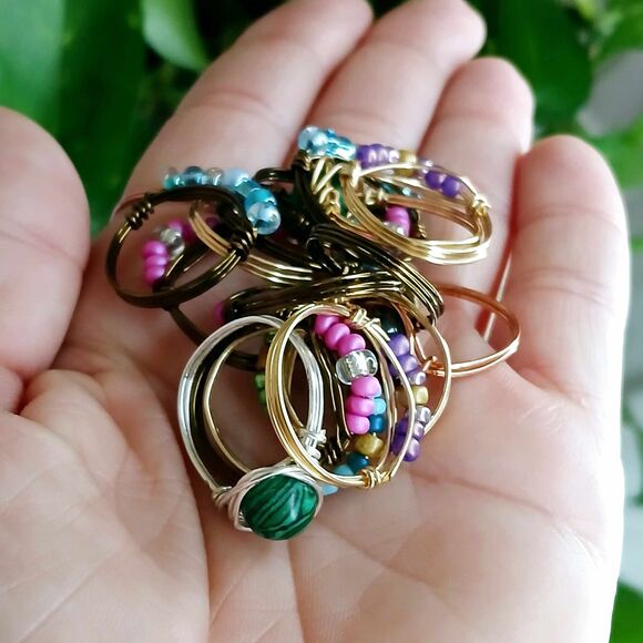 16 Piece Wire Wrapped Rings, Handmade Rings, Beaded Rings, Assorted - Picture 3 of 3